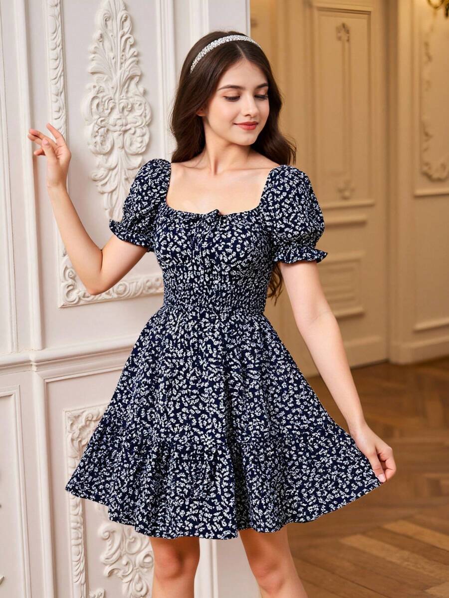 SHEIN 青少年女孩碎花泡泡袖荷葉邊洋裝 - 藏蓝色 - 查看 1