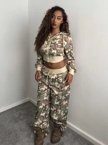 SHEIN HypeZone 美国街头迷彩长袖连帽外套和裤子两件套，秋季女装 - 彩色 - 查看 4