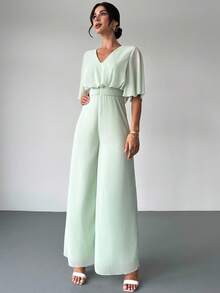 Firerie Women's Elegant Casual Chiffon V-Neck Flare Sleeve High Waist Wide Leg Jumpsuit, Mint Green, Suitable For Summer, Daily Wear, Vacation - Mint Green - View 4