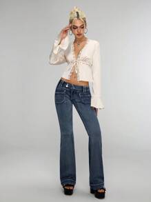 Flirla Women's Elegant Solid Color Lace Trim Tie Front Flare Sleeve Blouse Fall Cloth For Women - White - View 6