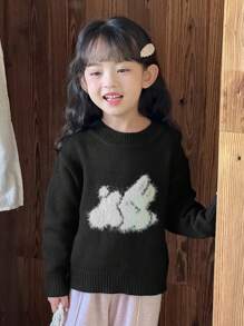 DAZY 女童动物图案圆领长袖毛衣，秋冬 - 黑色 - 查看 5