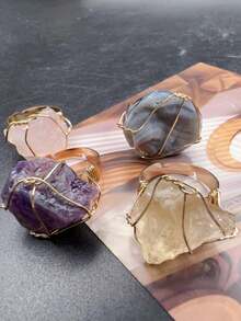 SHEIN Basic living 1pc Natural Crystal Rough Raw Ring Healing Gemston Statement Copper Wire Wrapped Asymmetric Crystal Gemstone Adjustable Adjustable Rings Jewelry For Women Girls Best Gifts Birthday Graduation