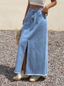 Livesso 女士夏季毛边前开衩牛仔半身裙 - 藍色 - 查看 4