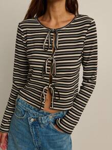 Nöista Navy-And-Cream Striped Tie-Front Cardigan-Top In Rib-Knit. Perfect For Spring-To-Fall Women Clothes, Parisian-Nautical Weekend Looks, Cozy Campus Layering, Or Breezy Café Dates-Playful, Slim-Fitting, And Effortlessly Chic All Season. - Black - View 3