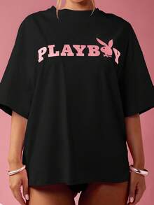 Missguided x Playboy 超大图案印花棉质 T 恤，侧开衩，兔子标志设计，个性 T 恤，休闲街头服饰，夏季春季时尚 - 黑色 - 查看 7