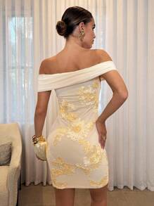 Lavishia 杏色露肩網紗荷葉邊緊身迷你洋裝，白色花卉夏季優雅婚禮賓客禮服，女性優雅大方秋季穿搭 - 杏色 - 查看 2