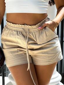 NegzBox Women's Solid Color Drawstring Waist Spring Shorts - Khaki - View 3