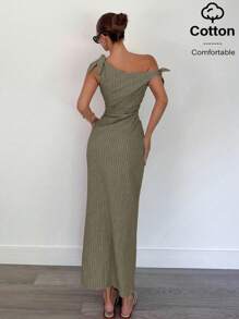 Siren Gaze Váy kẻ sọc cổ lệch dành cho nữ đi làm thường ngày, mùa hè - màu xanh lá - Xem 2