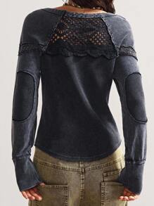 Bohemela Áo thun tay raglan ren tương phản cỡ lớn, thường ngày, mùa thu - màu đen - Xem 5