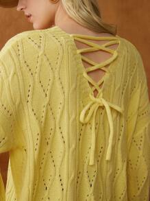 Écloséra 法式复古休闲宽松圆领长袖针织菱形镂空后背系带设计黄色女套头衫，春夏 - 黃色 - 查看 2