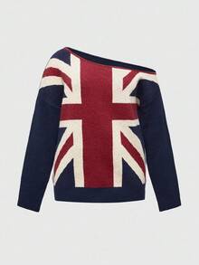 ROMWE Grunge Punk Grunge Style Plus Size UK Flag Pattern Slouchy Crew Neck Sweater - Multicolor - View 1