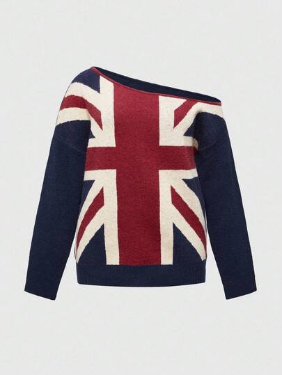 ROMWE Grunge Punk Grunge Style Plus Size UK Flag Pattern Slouchy Crew Neck Sweater