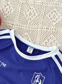 SHEIN TEENGIRL 红色修身圆领撞色边T恤，适合街舞、赛车徽章和字母图案T恤 - 藍色 - 查看 3