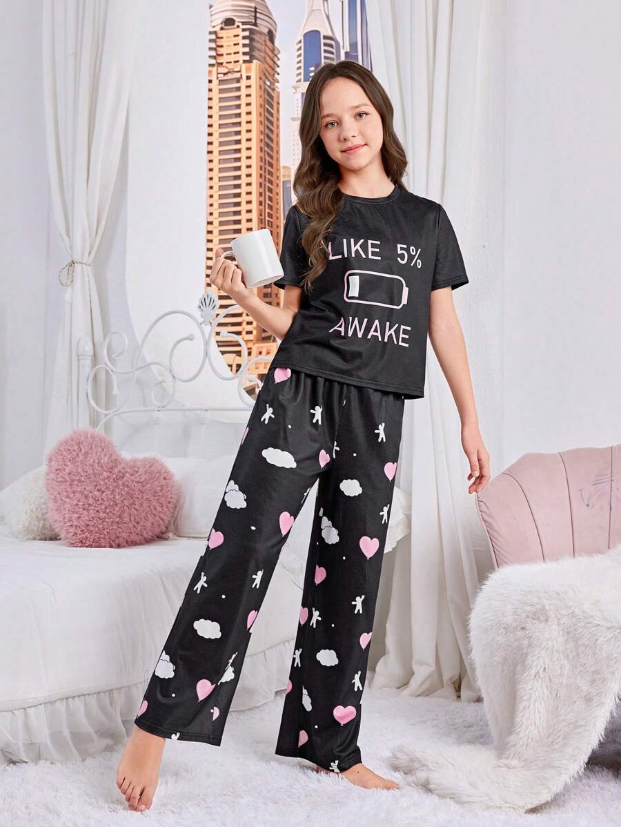 SHEIN Tween Girl Cute Sweet Short Sleeve And Long Pants Knit Flame Retardant Pajamas Set - Black - View 1