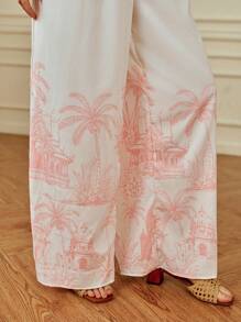 SHEIN Clasi Women's Fashionable & Elegant Castle Print Linen Fabric Jumpsuit With Side Seam Stitching And Hollow-Out Design