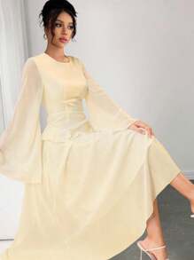 Modelyn Vestido elegante de chiffon com manga flare assimétrica e babados na bainha - Amarelo - Ver 2