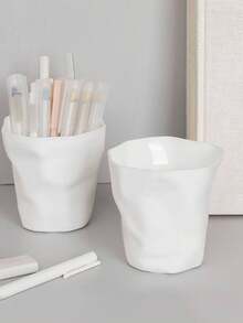 SHEIN 1PC  Minimalist Style Pure White Creative Art Personalized Pen Holder Learning Stationery Storage Bin Makeup Brush Holder Desktop Garbage Bin Desktop Fruit Shell Storage Basin - White - View 3