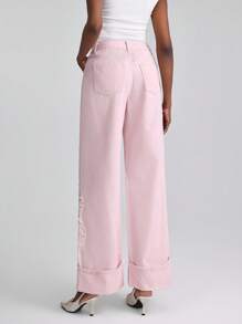 Slaydiva Jeans larges décontractés et amples pour femmes avec broderie florale