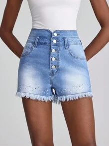 Slaydiva 女士时尚水钻磨边口袋牛仔短裤 - 淺色水洗藍 - 查看 1