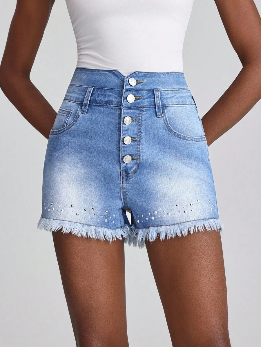 Slaydiva 女士时尚水钻磨边口袋牛仔短裤 - 淺色水洗藍 - 查看 1