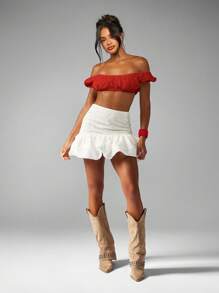 MISSGUIDED Off Shoulder Broderie Anglaise Crop Top Puff Sleeve Summer Boho Festival Beach Ruffle Floral Eyelet Feminine Vacation Holiday Christmas - Red - View 3