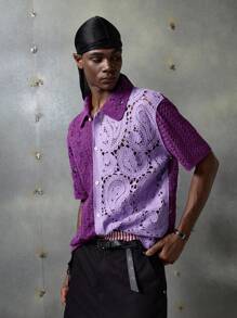 NEON BLANC Men's Casual Knitted Short Sleeve Purple Patchwork Sweater