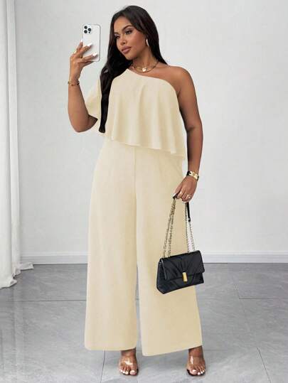 SHEIN Unity 大码女式优雅浪漫宴会派对斜肩荷叶边领收腰直筒阔腿连体裤