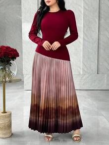 Modelyn 韩版百褶印花拼色腰部收腰长袖优雅通勤连衣裙 - 酒紅色 - 查看 3