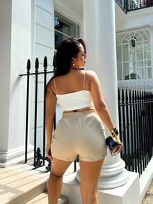 NegzBox Women's Solid Color Drawstring Waist Spring Shorts - Khaki - View 2