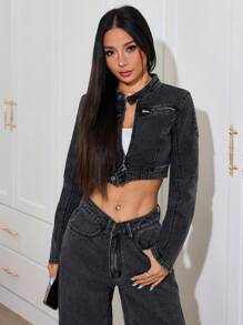 SHEIN PETITE Fashionable Casual Washed Cropped Denim Jacket