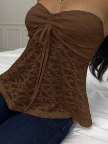 CovetEZ Women's Solid Color Textured Fabric Drawstring Detail Bandeau Top Brown Lace Top Brown Strapless Top - Brown - View 5