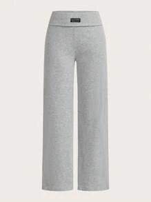 SHEIN EZwear 2 件女士休闲加州字母刺绣贴布高腰阔腿直筒裤，适合夏季 - 彩色 - 查看 3