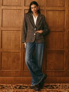 Poéselle Rown Bouclé Jacquard Tweed Blazer For Women –Classic Old Money Style Outerwear ,Thick Autumn Winter Textured Suit Jacket, Elegant Fashion Outerwear,Autumn Textured Blazer,Warm Outerwear Women,Felegant Tweed Coat,Cozy Office Fashion,Parisian Style Fall,Capsule Wardrobe Essential, Tweed Blazer Women - Multicolor - View 4