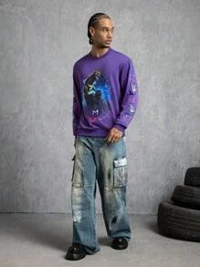 GODZILLAxKONG X SHEIN Áo nỉ cổ tròn in họa tiết Gorilla thường ngày dành cho nam - Màu tím - Xem 3