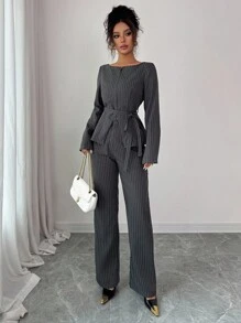 Siren Gaze 2 件套女士西装套装：灰色细条纹系腰夹克和裤子，女教师商务休闲办公装灰色细条纹两件套女士细条纹裤装优雅两件套长袖两件套条纹两件套女士 - 灰色 - 查看 3
