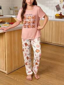 SHEIN 卡通动物印花女童睡衣套装，短袖上衣和长裤 - 彩色 - 查看 5