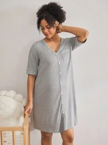 BloomMama Maternity Loungewear - Short Sleeve Top + Knee-Length Jumpsuit Breastfeeding Pajamas Postpartum Loungewear Sleepwear Women Button Front