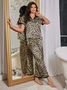 LuxeNights Women Color Block Faux Silk Leopard Print Top & Pants Pajama Set - Multicolor - View 7