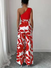 Elenzga Bộ đồ liền thân ống rộng in họa tiết vá vai chéo dành cho nữ - Đỏ - Xem 2