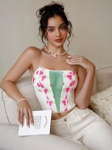 Spicy Aura 1pc Women's Embroidered Wireless Sexy Bra Strawberry Top Cute Corset Top Embroidered Top - Multicolor - View 5