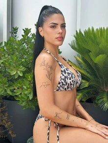 Lucia Bellido 2pcs Women's Summer Beach Holiday Ruffled Leopard Print Halter Strap Bikini Swimwear Set - Multicolor - View 6