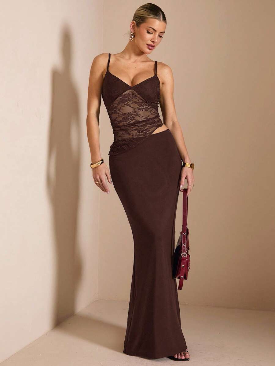 SHEIN BAE 夏季海滩度假纯黑色蕾丝性感透视吊带长裙，适合日常约会、夜间外出、夜总会、派对、聚会、鸡尾酒会、泳池派对、返校季服装、学校季连衣裙、节日连衣裙女士连衣裙 - 咖啡棕 - 查看 1
