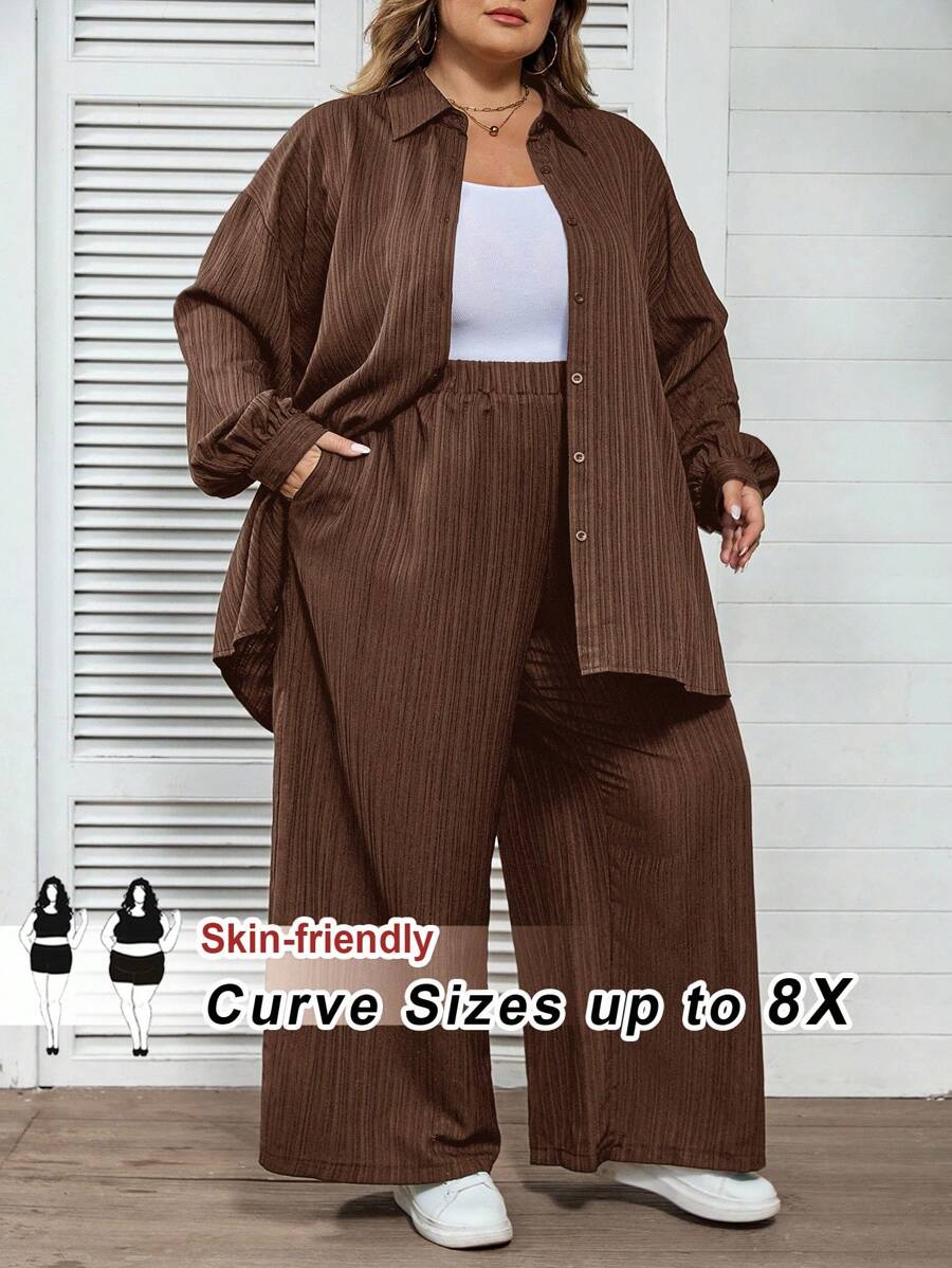 SHEIN CURVE+ 大码休闲纯色衬衫和裤子两件套