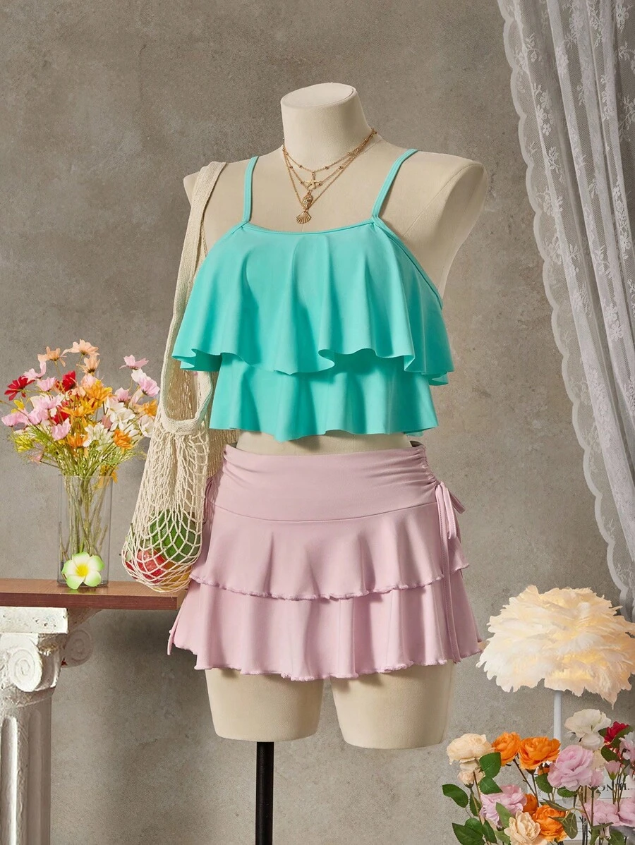 SHEIN Swim With Ruffle Trim Beach Tankini Set Outfit For Women, For Summer Vacation - Mint Green - View 1