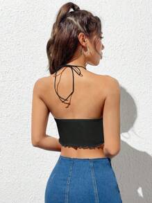 SHEIN EZwear 褶饰胸围生菜边头巾下摆系带露背吊带黑色上衣 - 黑色 - 查看 2