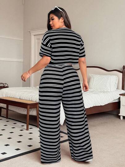 SHEIN EZwear Plus Size Red Striped T-Shirt And Pants Casual 2 Pieces Set, Summer