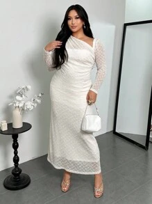 Firerie Vestido elegante y minimalista de moda básica estilo Ins, adecuado para la oficina, el transporte, los festivales de música, los viajes a la playa, de tela texturizada, cuello asimétrico, fruncido, ajustado, estilizador, manga larga, largo maxi, para mujeres, vestido de invitada de boda - Albaricoque - Ver 4