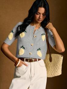 Poéselle 柠檬刺绣休闲针织短袖开衫 - 淺灰色 - 查看 7