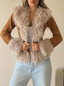 SHEIN ICON Women's Faux Fur & Suede Patchwork Jacket, Western Style, Retro Y2K Sexy, Autumn/Winter