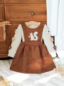 SHEIN Vintaside Kids 女婴可爱刺绣松鼠图案长袖上衣和连衣裙，背带裙秋季服装，可爱甜美，适合秋冬各种场合 - 棕色 - 查看 8